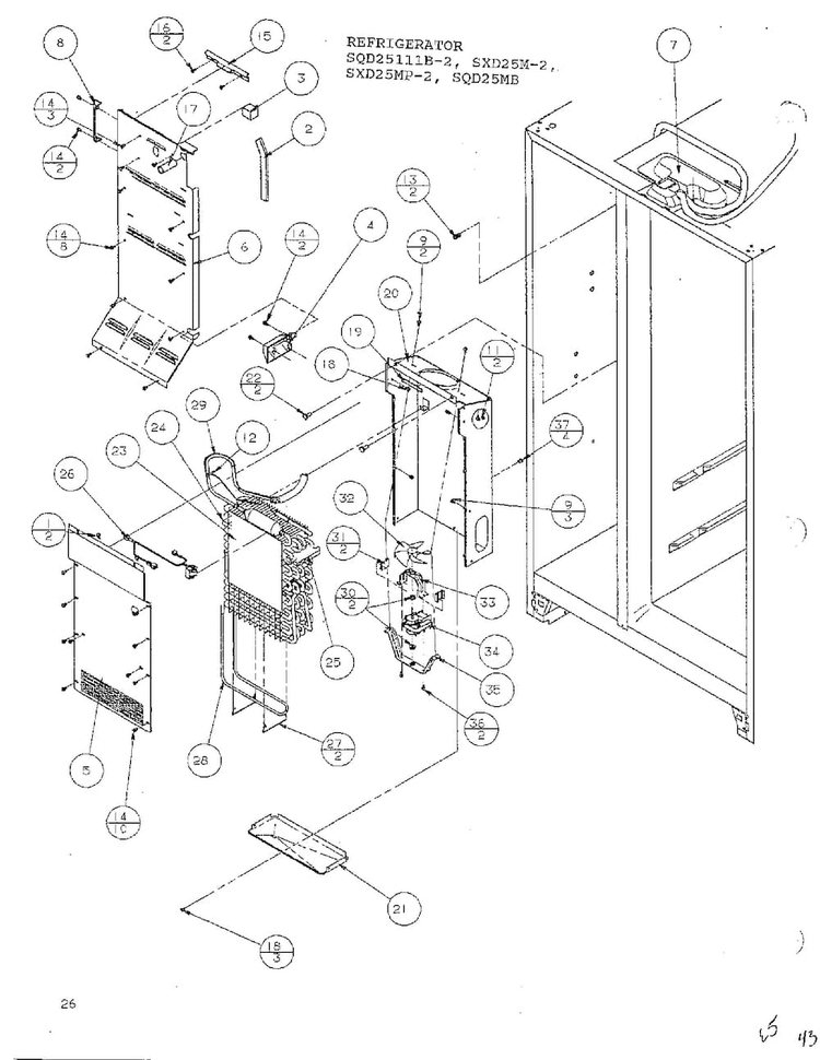 Refrigerator/evaporator And Air Handling Diagram and Parts List for SXD25MP-2  Amana Refrigerator