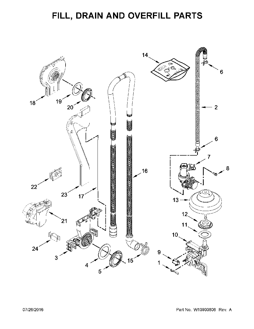 Fill, Drain And Overfill Parts Diagram and Parts List for 66514819N611  Kenmore Dishwasher