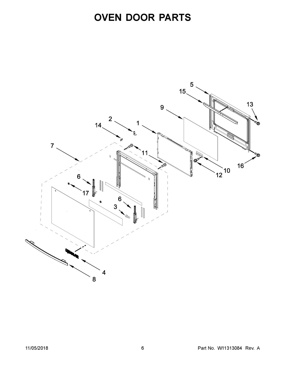 Oven Door Parts Diagram and Parts List for JJW3430DB03  Maytag Wall Oven