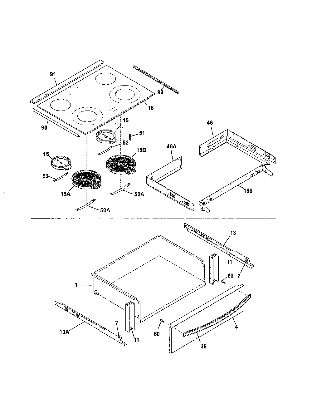 Top/Drawer Diagram and Parts List for 79042533311  Kenmore Range