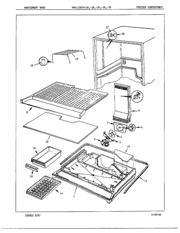 Freezer Compartment Diagram and Parts List for 19284A  Admiral Refrigerator