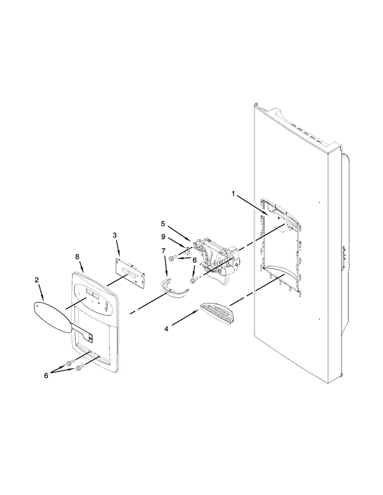 Dispenser Front Parts Diagram and Parts List for MFI2269VEB10  Maytag Refrigerator