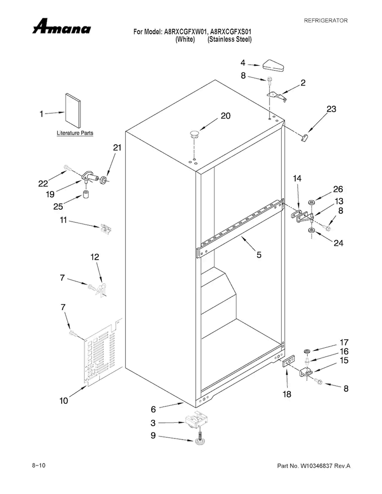 Cabinet Parts Diagram and Parts List for A8RXCGFXW01  Amana Refrigerator