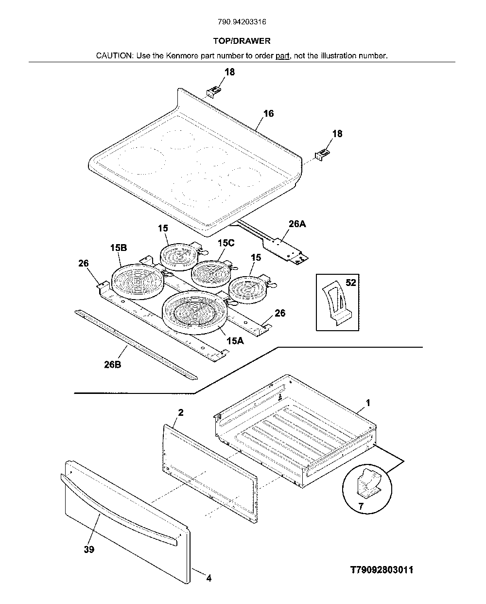 Top/Drawer Diagram and Parts List for 79094203316  Kenmore Range