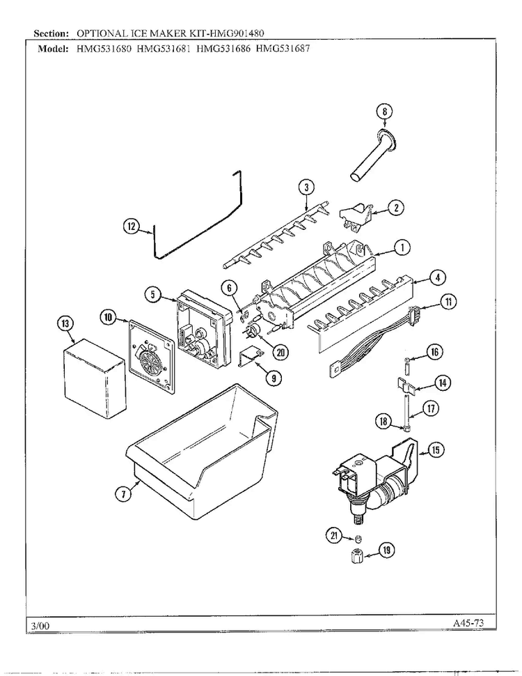 Optional Ice Maker Kit Diagram and Parts List for HMG531680  Admiral Refrigerator
