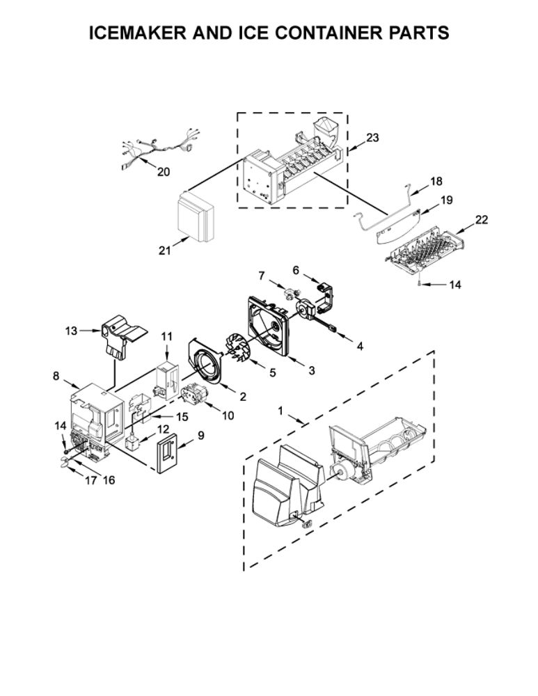 Icemaker And Ice Container Parts Diagram and Parts List for MFI2570FEW01  Maytag Refrigerator