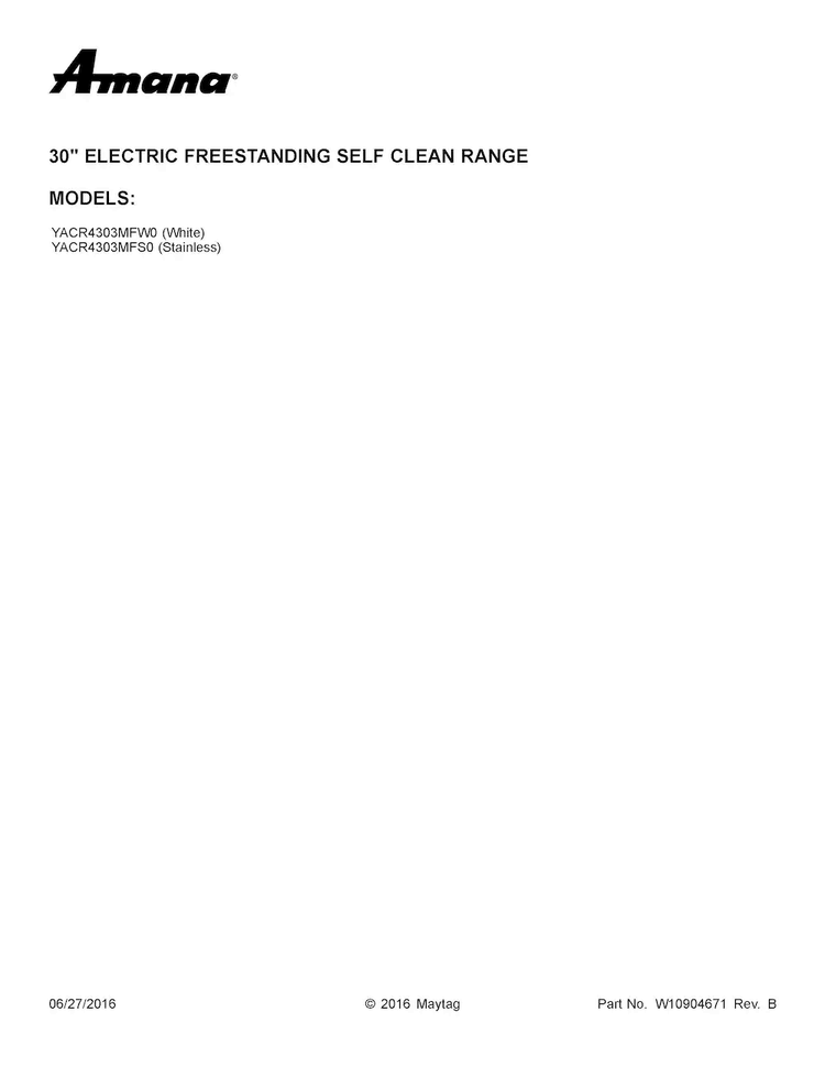 Cover Sheet Diagram and Parts List for YACR4303MFS0  Amana Range