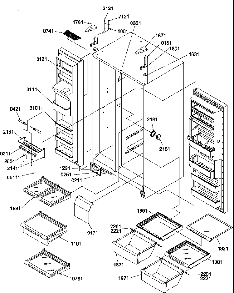 Refrigerator/freezer Shelves, Lights, And Hinges Diagram and Parts List for SRD325S5W-P1199402WW  Amana Refrigerator