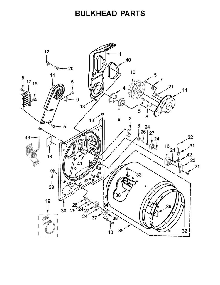 Bulkhead Parts Diagram and Parts List for MEDB766FW0  Maytag Dryer