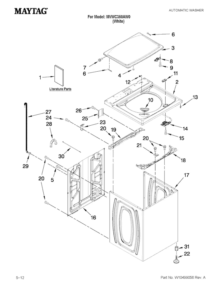 Top And Cabinet Parts Diagram and Parts List for MVWC350AW0  Maytag Washer