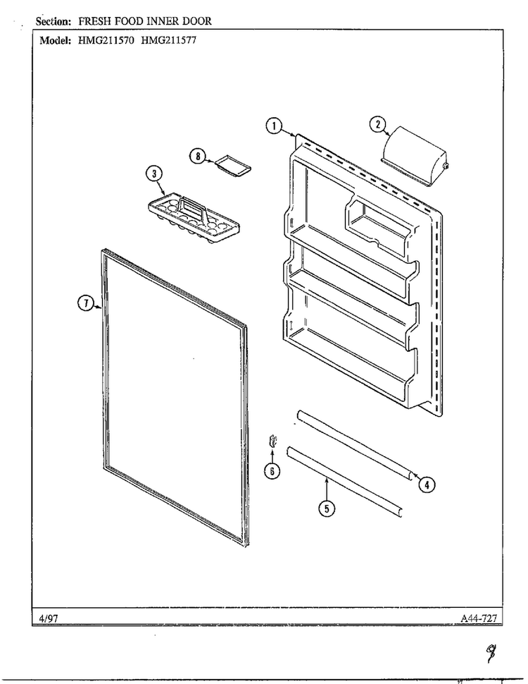 Fresh Food Inner Door/freezer Diagram and Parts List for HMG211577  Admiral Refrigerator