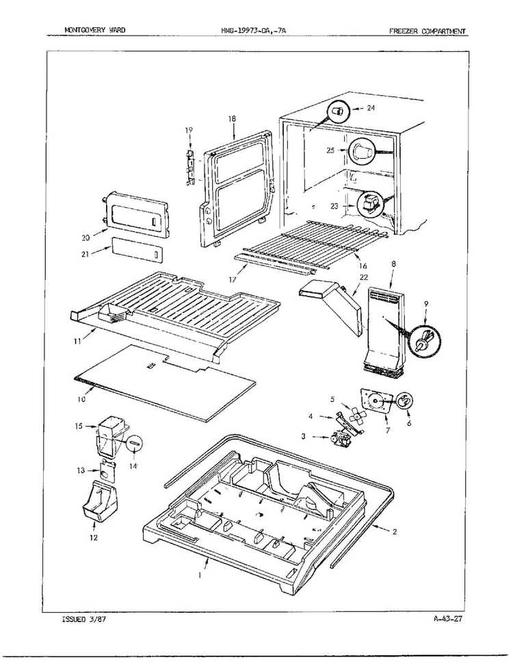 Freezer Compartment Diagram and Parts List for 19973A  Admiral Refrigerator