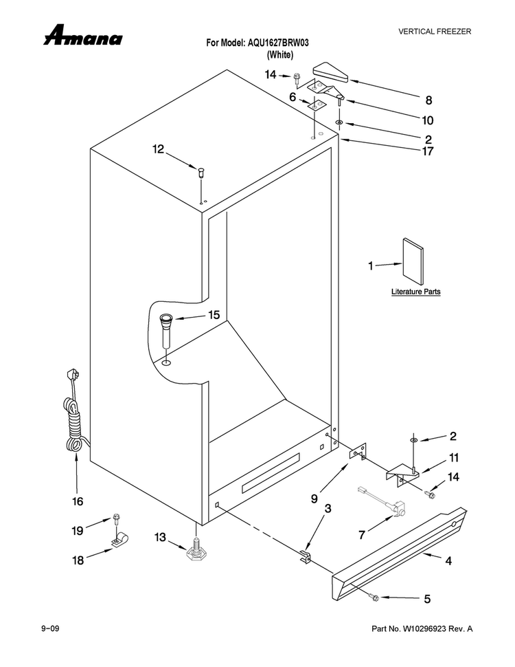 Cabinet Parts Diagram and Parts List for AQU1627BRW03  Amana Freezer