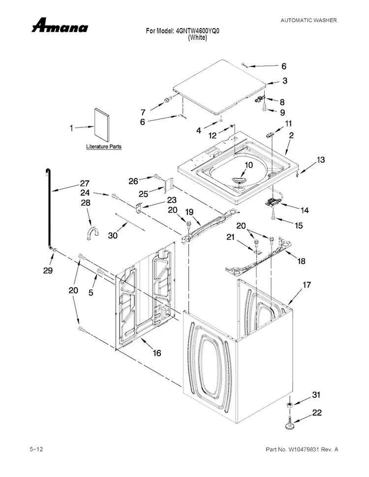 Top And Cabinet Parts Diagram and Parts List for 4GNTW4600YQ0  Amana Washer