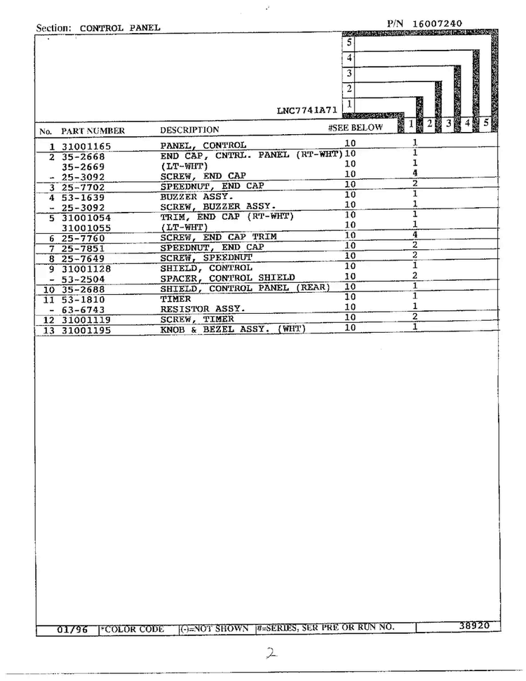 Control Panel Page 2 Diagram and Parts List for LNC7741A71  Maytag Dryer