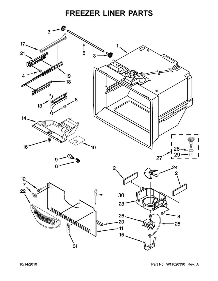 Freezer Liner Parts Diagram and Parts List for MBR1957FEZ01  Maytag Refrigerator