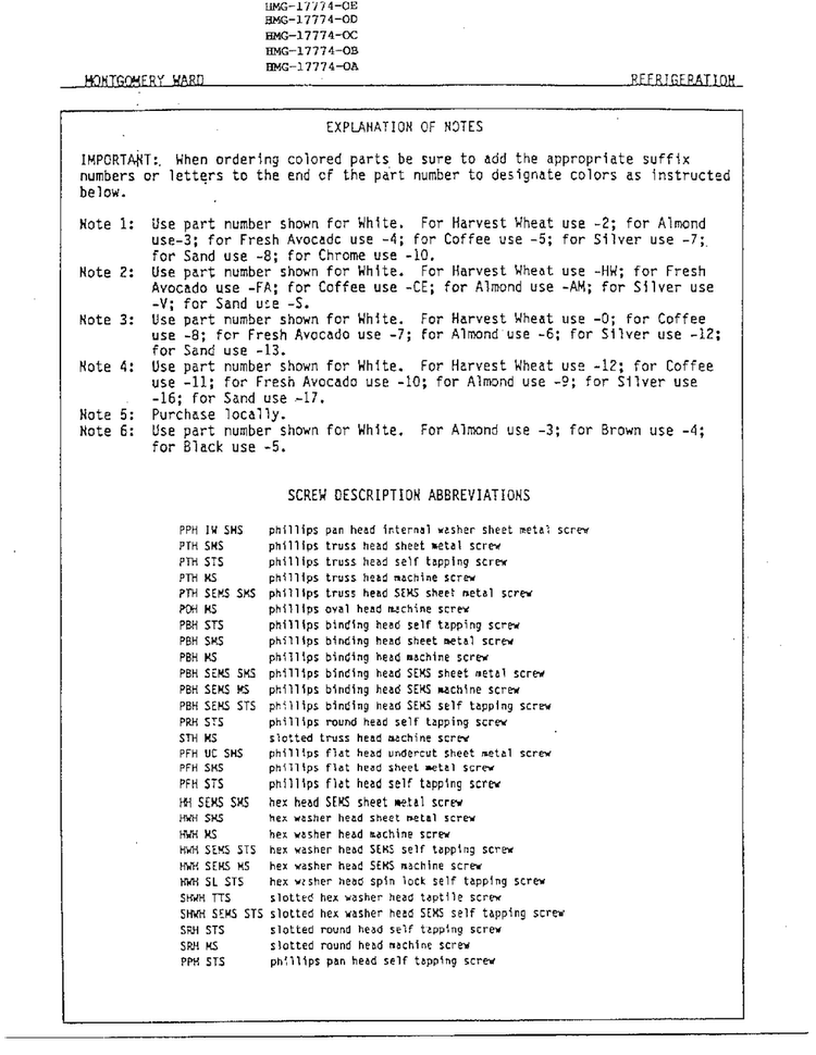 Explanation Of Notes Diagram and Parts List for 17774-OA  Admiral Refrigerator