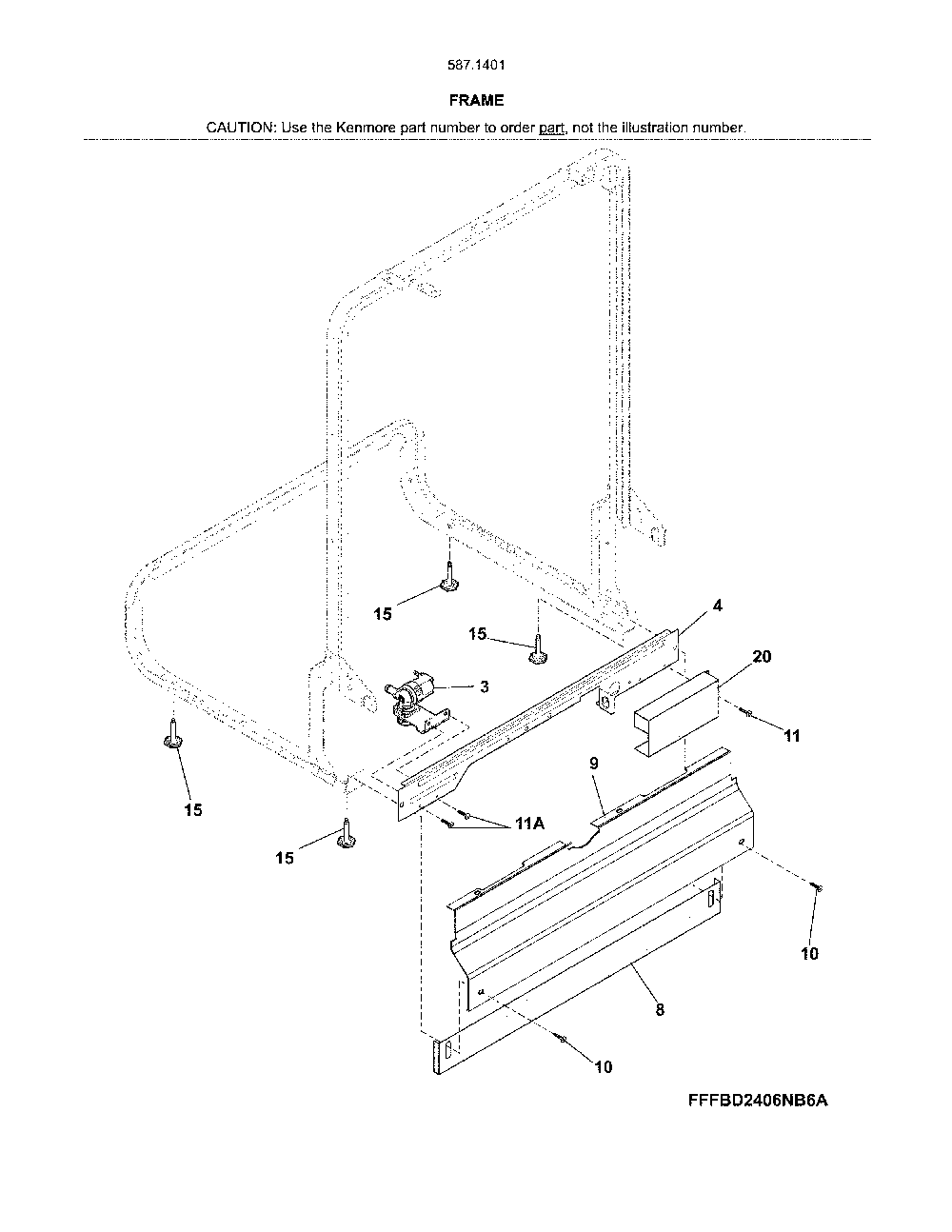 Frame Diagram and Parts List for 58714012415B  Kenmore Dishwasher