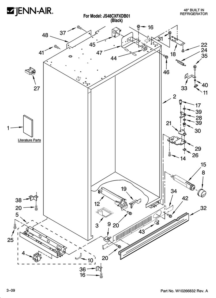 Cabinet Parts Diagram and Parts List for JS48CXFXDB01  Jenn-Air Refrigerator
