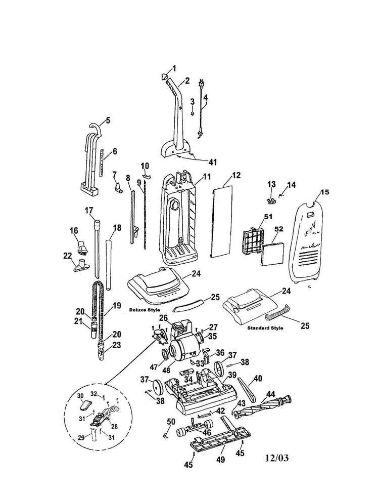 Handle/bag Housing/main Body/hood Diagram and Parts List for U5135-90  Hoover Upright Vacuum