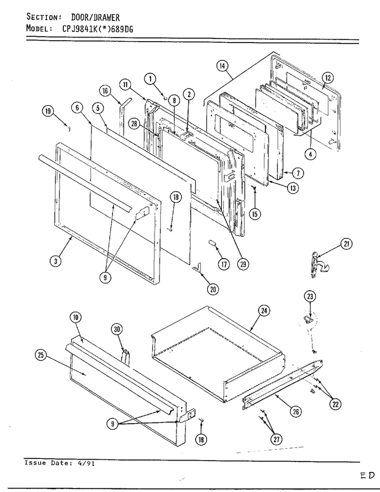 Door/drawer Diagram and Parts List for CPJ9841K(*)689DG  Hardwick Range