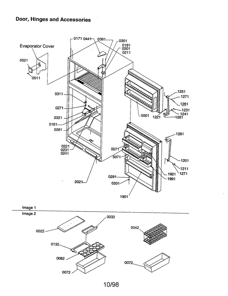 Door, Hinges And Accessories Diagram and Parts List for TX21VE-P1301804WE  Amana Refrigerator