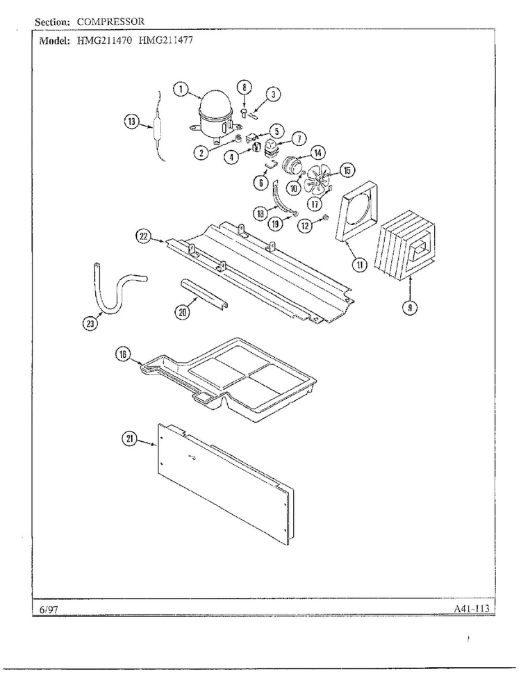 Compressor Diagram and Parts List for HMG211470  Admiral Refrigerator