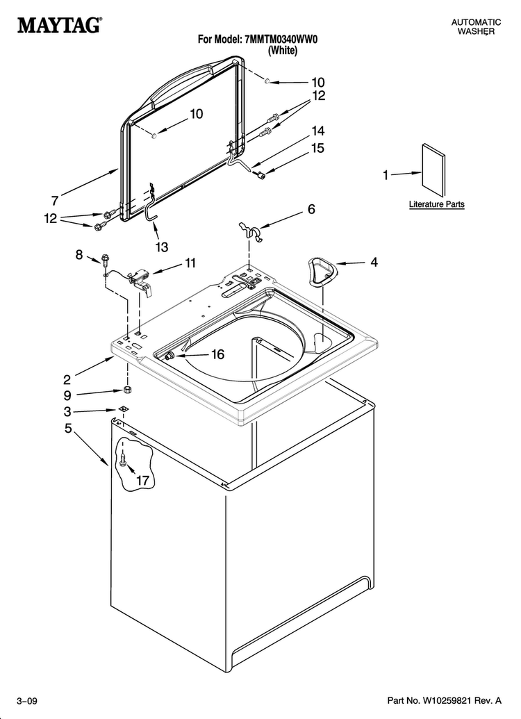 Top And Cabinet Parts Diagram and Parts List for 7MMTM0340WW0  Maytag Washer