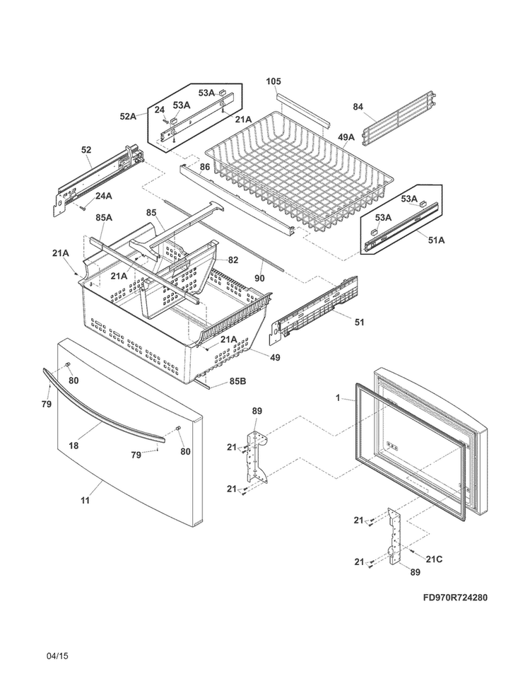 Freezer Drawer, Baskets Diagram and Parts List for CFD28WIQB0  Crosley Refrigerator