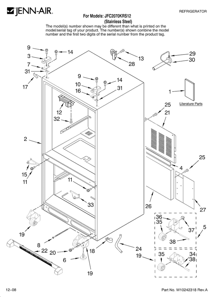 Cabinet Parts Diagram and Parts List for JFC2070KRS12  Jenn-Air Refrigerator