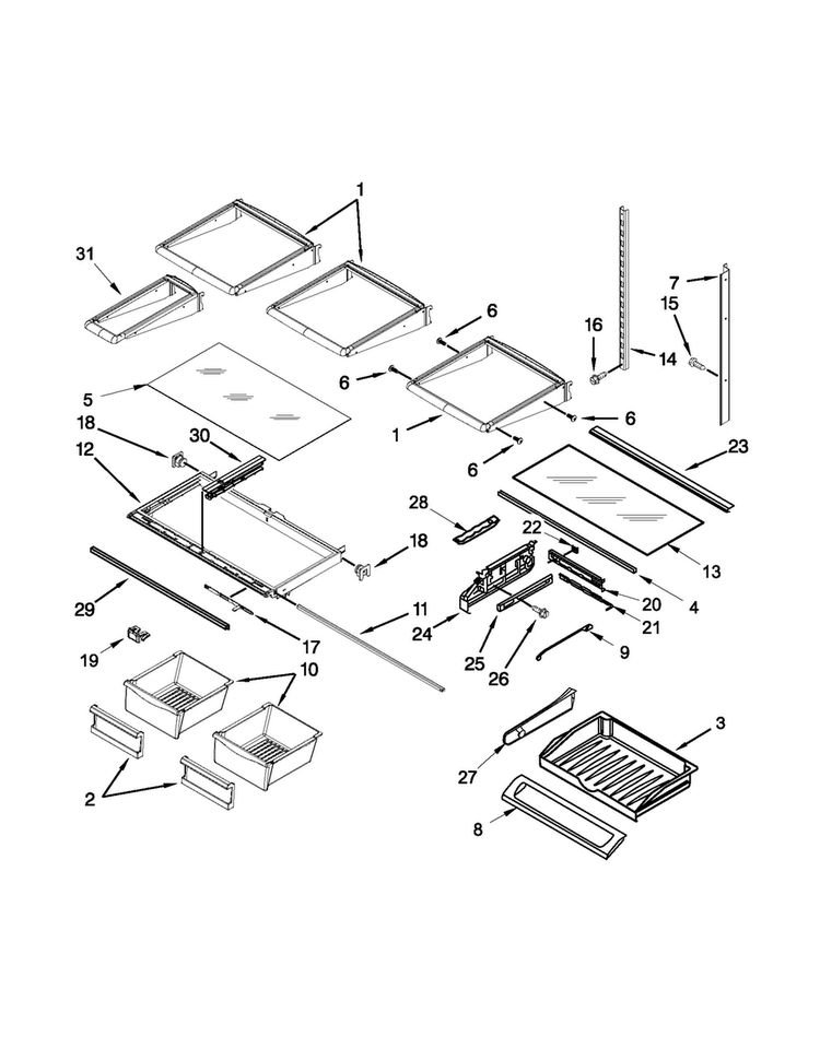 Shelf Parts Diagram and Parts List for 5MFI267AA001  Maytag Refrigerator