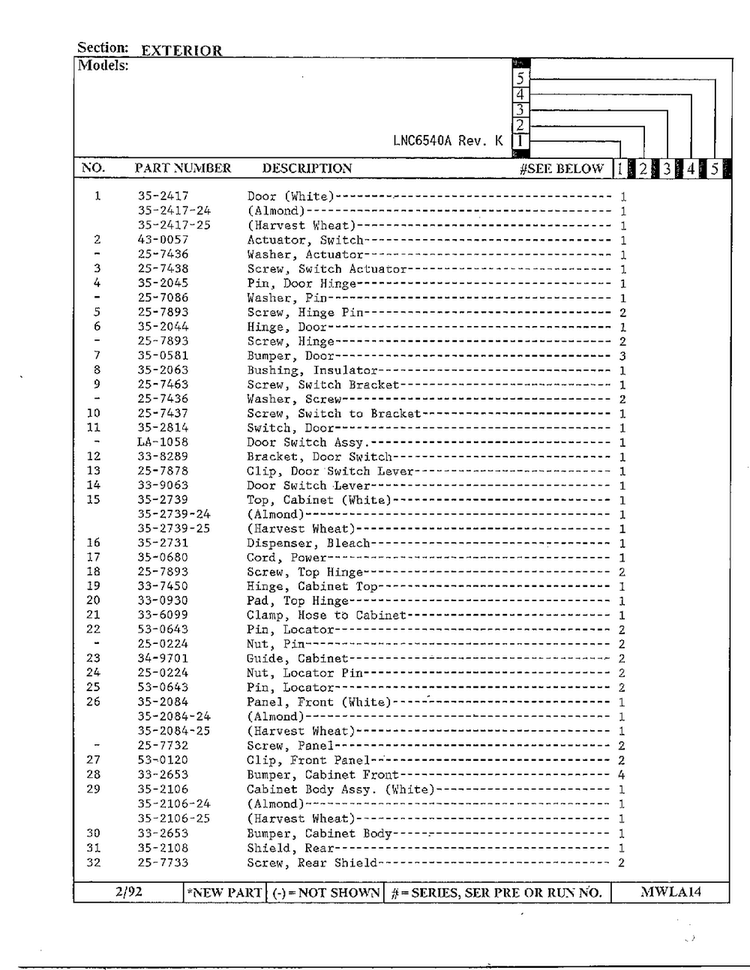 Exterior Page 2 Diagram and Parts List for 6540A REV K Norge Washer