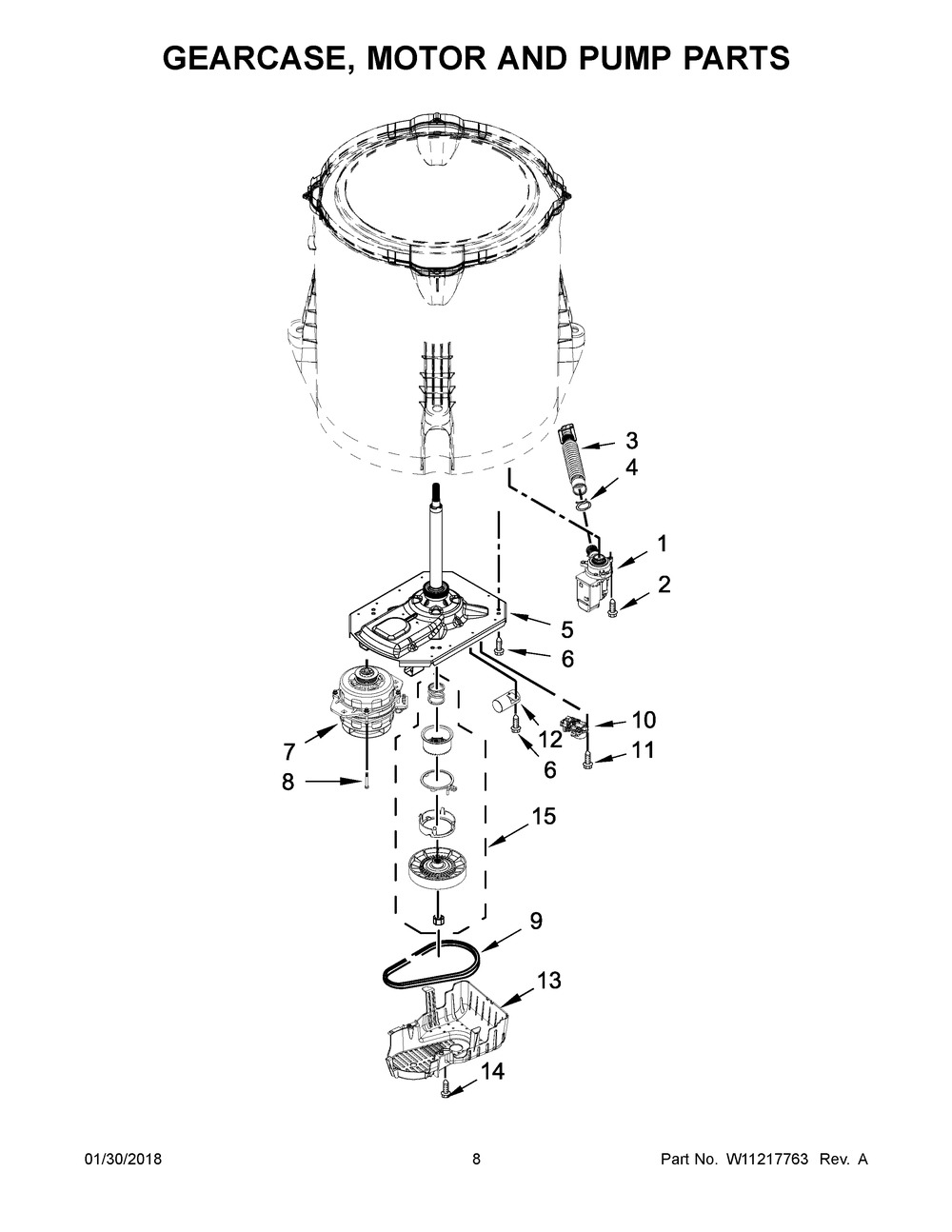 Gearcase, Motor And Pump Parts Diagram and Parts List for MVWC465HW0  Maytag Washer