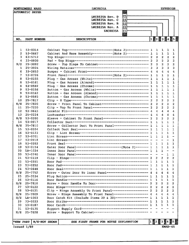 Gas Dryer Exterior Assembly Page 2 Diagram and Parts List for 8835A  Norge Dryer