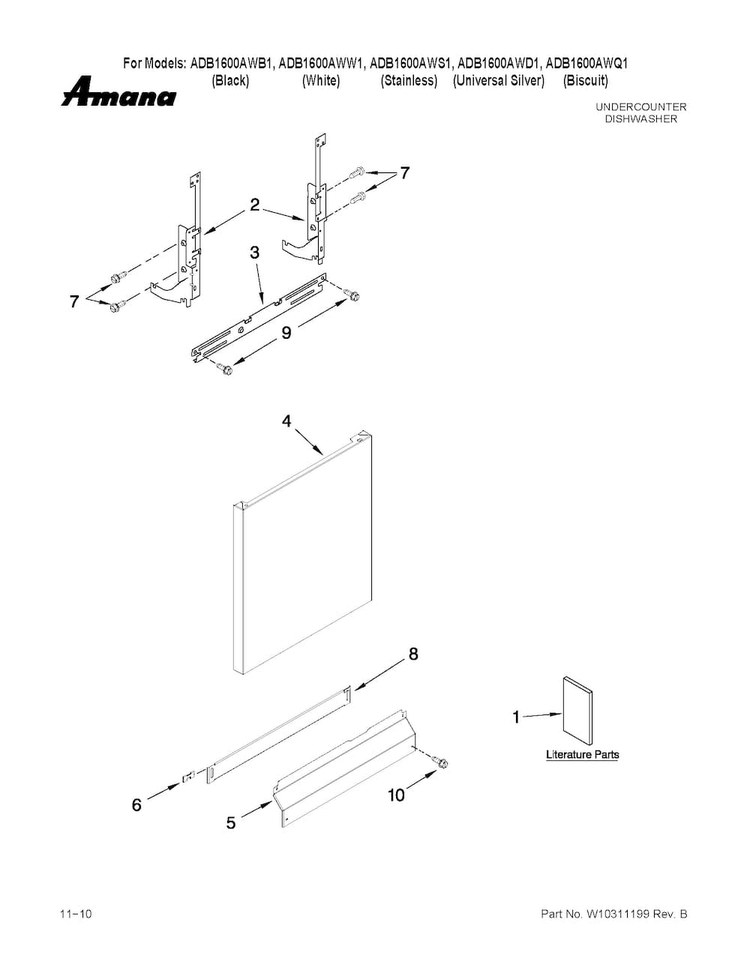 Door And Panel Parts Diagram and Parts List for ADB1600AWW1  Amana Dishwasher