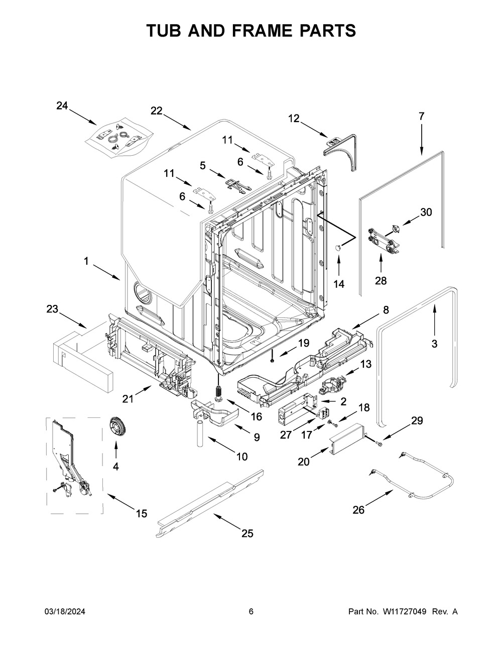 Tub And Frame Parts Diagram and Parts List for JDPSG244PS1  Jenn-Air Dishwasher