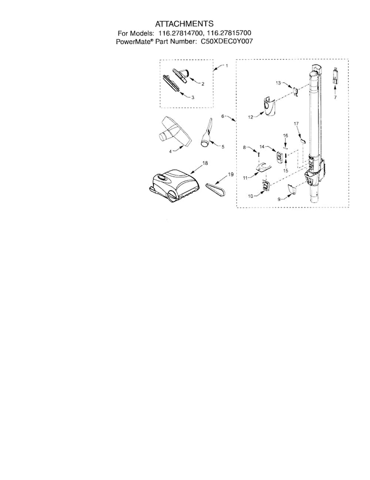 Attachments Diagram and Parts List for 11627815700  Kenmore Canister Vacuum