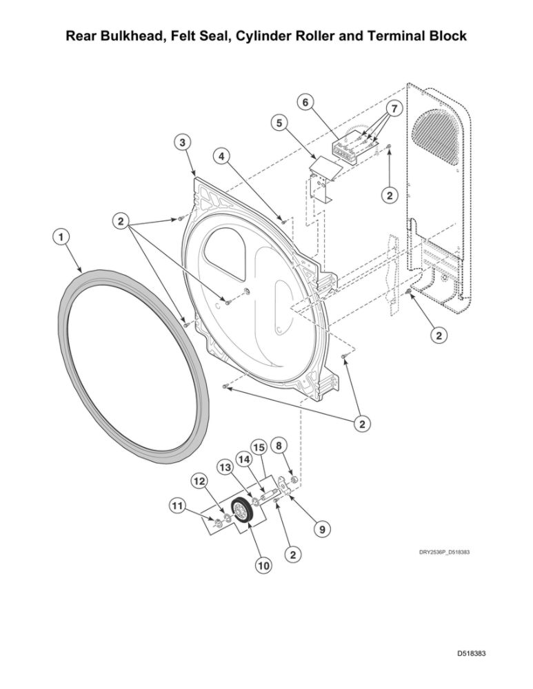 Rear Bulkhead/Felt Seal/Cylinder Roller/Terminal Block Diagram and Parts List for LSGE5AGW113TW01 2001000001 Speed Queen Dryer