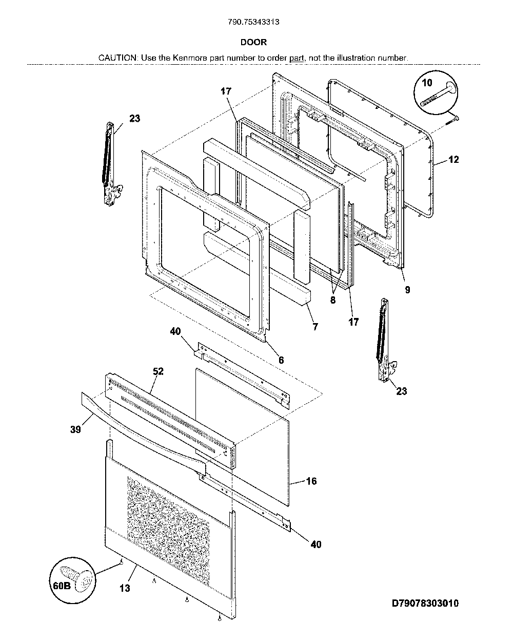 Door Diagram and Parts List for 79075343313  Kenmore Range