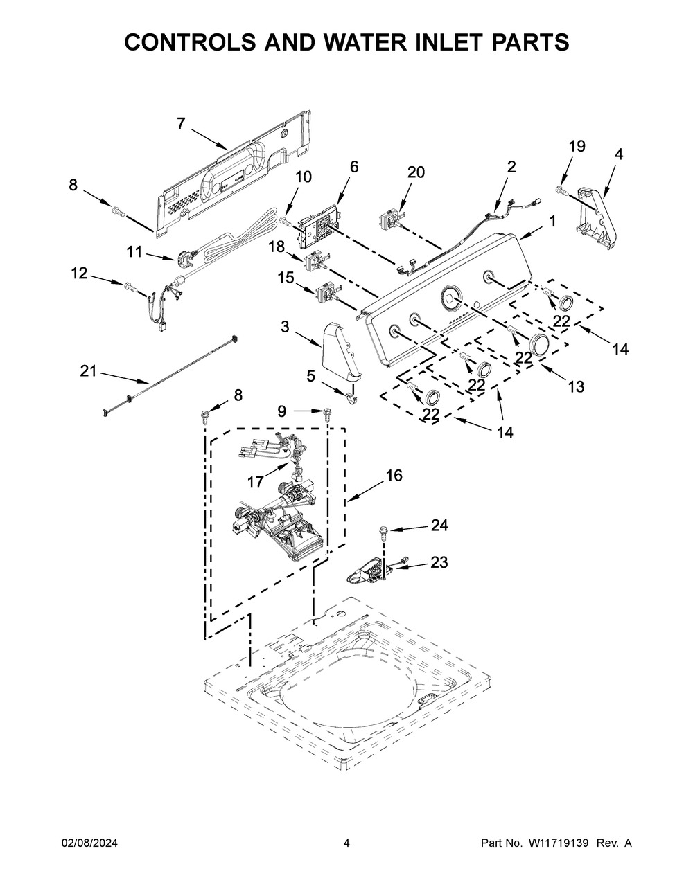 Controls And Water Inlet Parts Diagram and Parts List for 4KMVWC420JW2  Maytag Washer