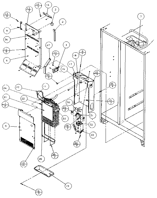Evaporator & Air Handling Diagram and Parts List for 36541-P1121701W  Amana Refrigerator