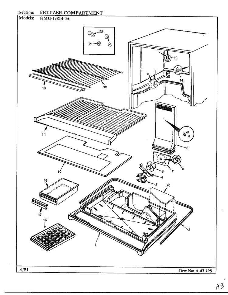 Freezer Compartment Diagram and Parts List for 19814-0A  Admiral Refrigerator
