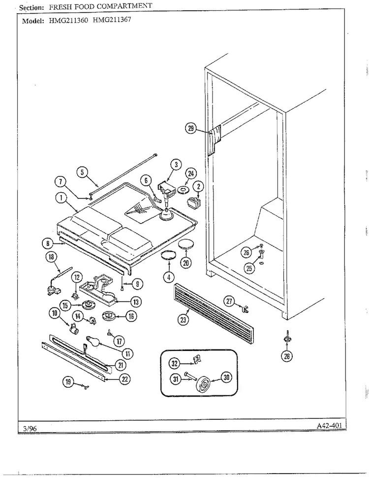 Fresh Food Compartment Diagram and Parts List for HMG211360  Admiral Refrigerator