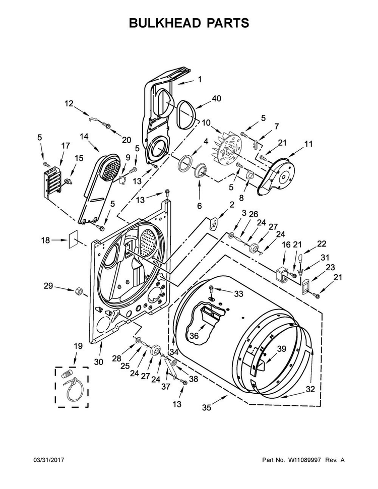 Bulkhead Parts Diagram and Parts List for 7MMEDC300DW1  Maytag Dryer