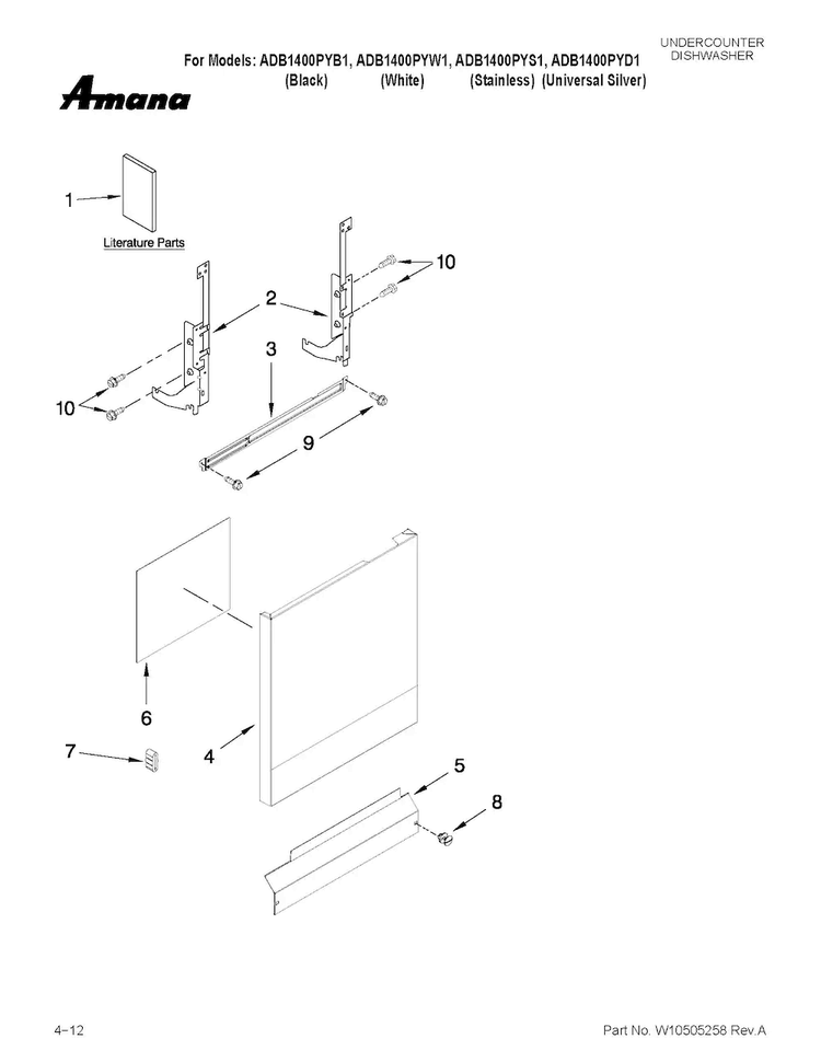 Door And Panel Parts Diagram and Parts List for ADB1400PYB1  Amana Dishwasher