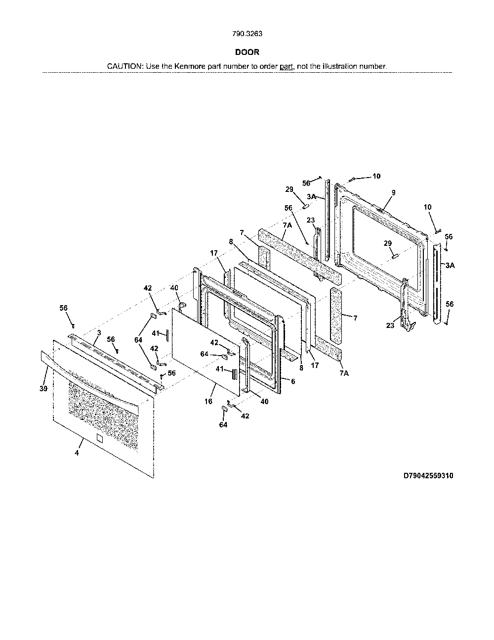 Door Diagram and Parts List for 7903263931B  Kenmore Range