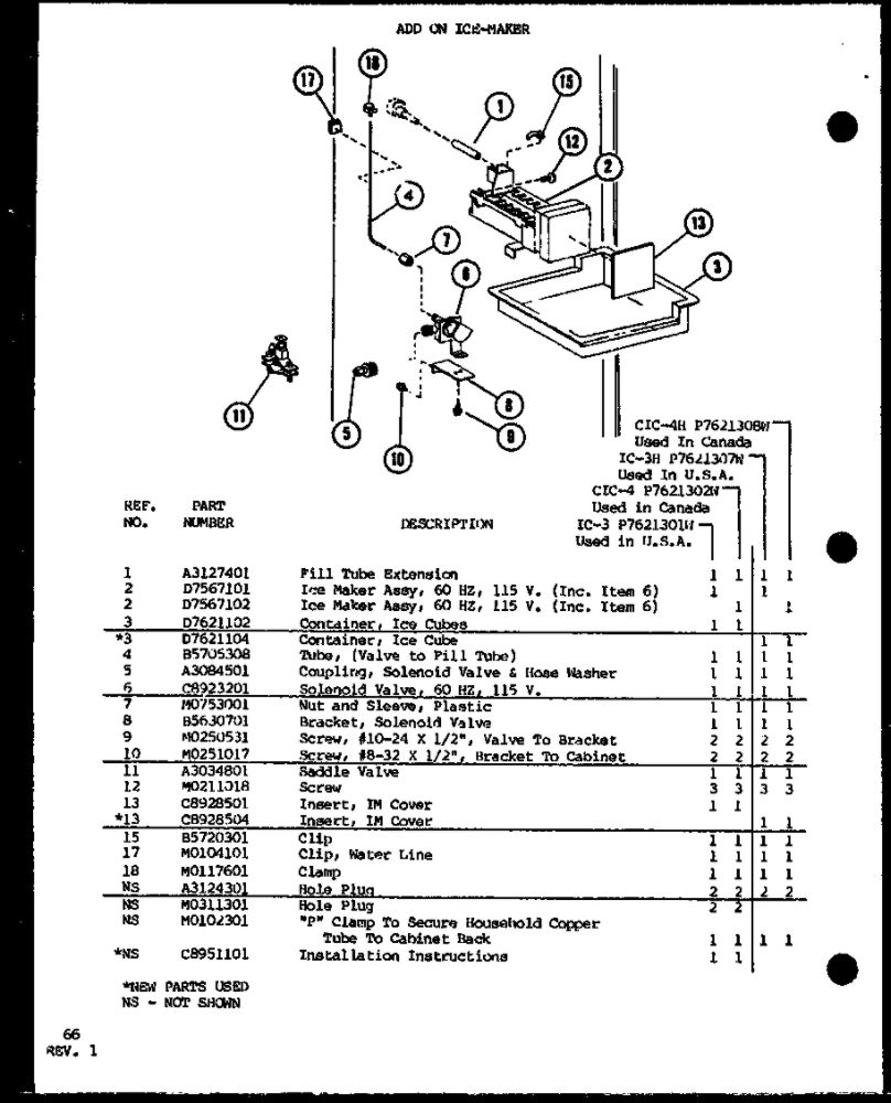 Add On Ice-Maker Diagram and Parts List for IC3H-P7621307W-TM  Amana Refrigerator