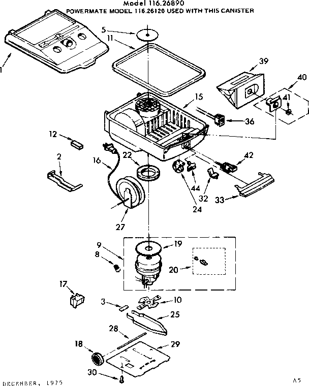 Base Assembly Diagram and Parts List for 11626890  Kenmore Canister Vacuum