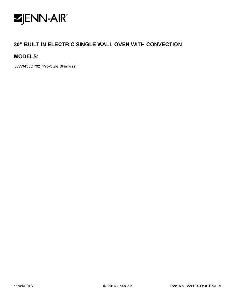 Cover Sheet Diagram and Parts List for JJW3430DP02  Jenn-Air Wall Oven