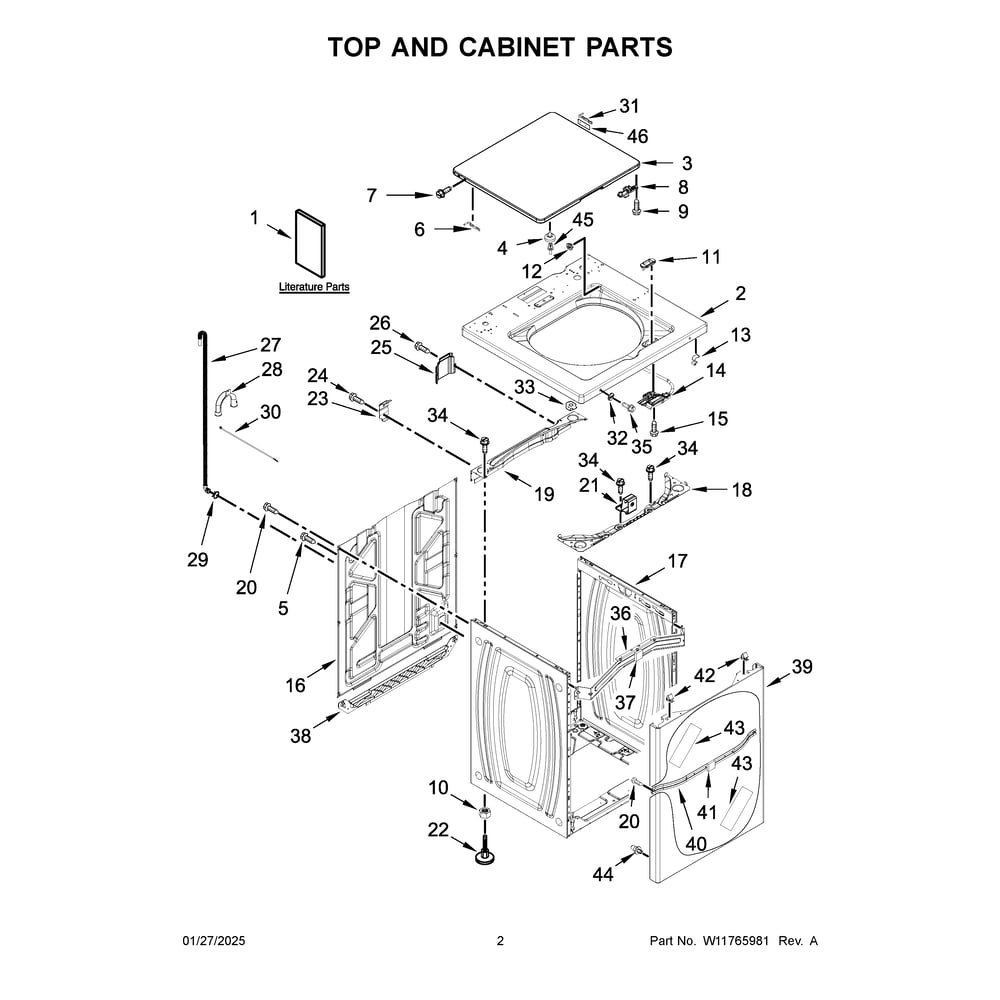 Top And Cabinet Parts Diagram and Parts List for MAT24PDAGW0  Maytag Washer